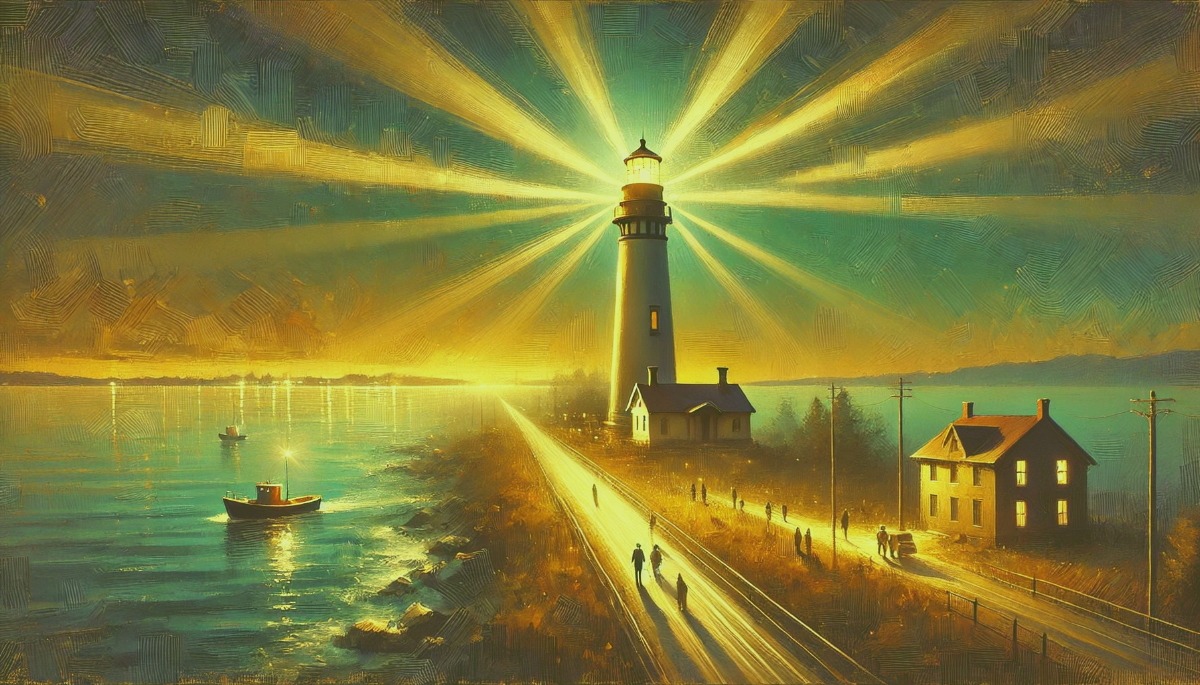 Illustration of a glowing beacon shining outward over a community.
