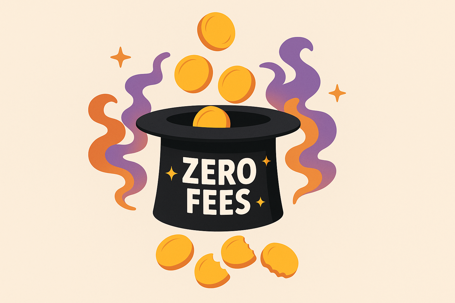 Illustration showing a deceptive magic hat with ZERO FEES written on it, but the coins dropped in it come out nibbled.