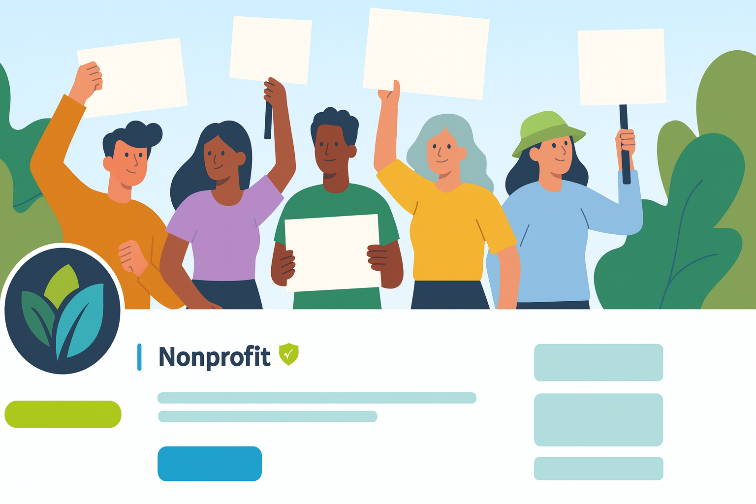 Flat-style illustration of a nonprofit profile page with diverse activists holding blank signs, a leaf logo on the left, and a green verified badge next to “Nonprofit.”
