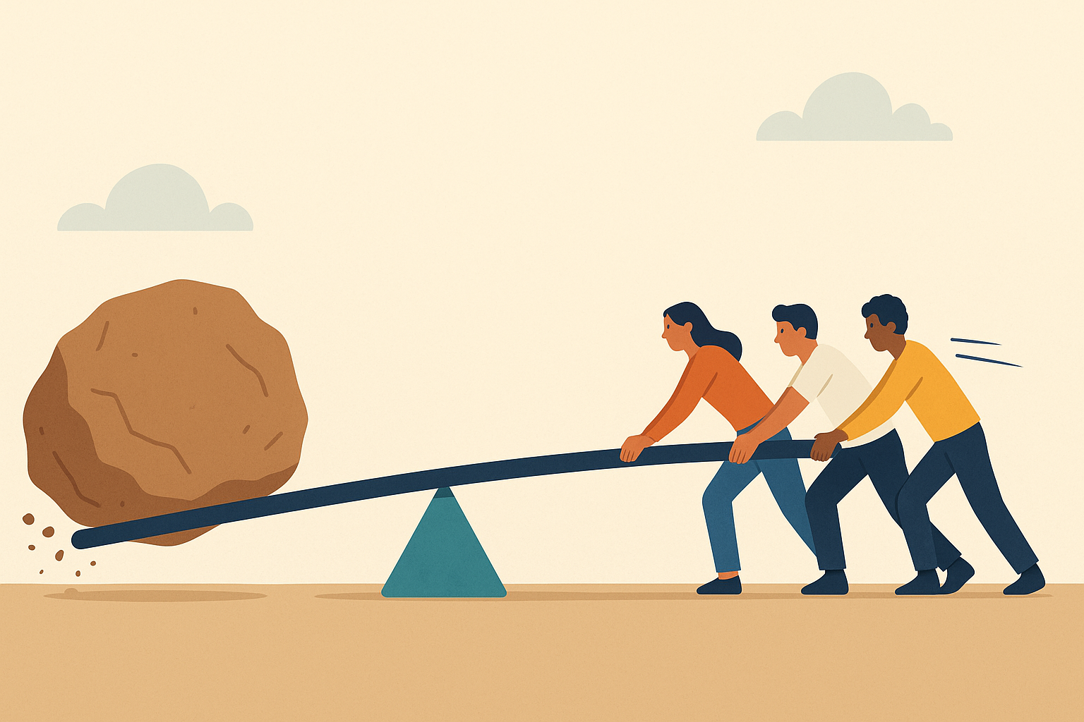 Flat illustration of diverse people pushing down a lever to lift a heavy boulder, representing Gudsy’s fair pricing model that creates leverage for nonprofits.